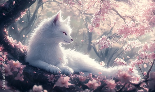 A fluffy white fox rests peacefully amidst blooming cherry blossoms
