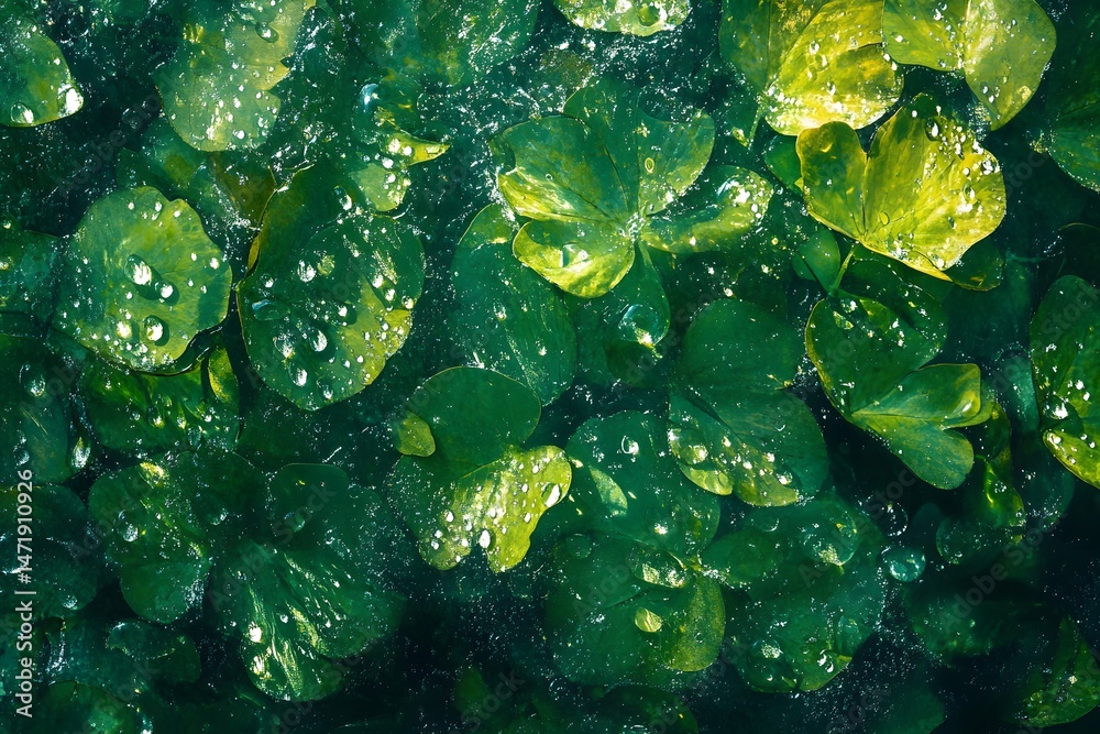 Fototapeta premium Lush Green Leaves with Dew Drops