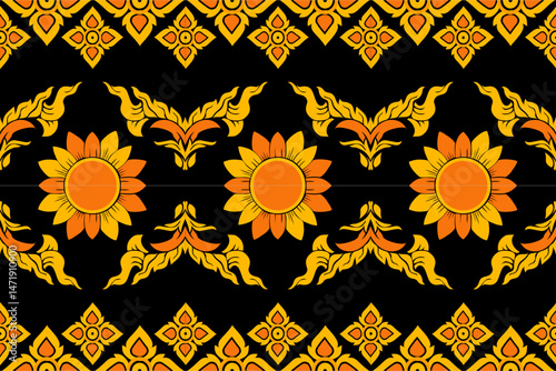 Elegant traditional Thai pattern with intricate golden floral and flame motifs on a black background. The seamless ornamental design is inspired by classic Thai art, suitable for textile design, cultu