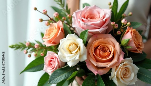 Elegant bouquet wedding arrangement, featuring various blooms and greenery , ceremony, bridal flowers, roses