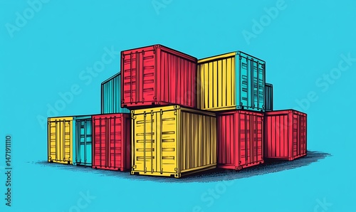 Colorful stacked shipping containers are presented against a blue background