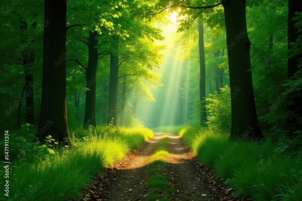 Fototapeta premium Sun-dappled forest path, lush greenery, natural light , eco, light, landscape