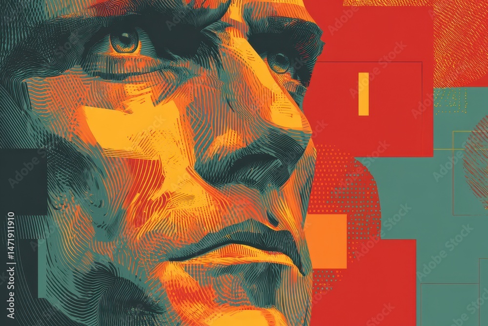 Fototapeta premium Close-up portrait, bold colors, and geometric design.