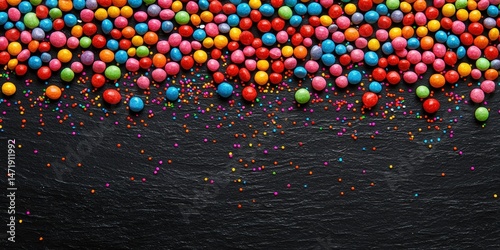 Colorful candy sprinkles on black slate background for festive celebrations and party decorations
