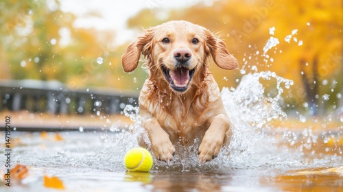 Golden retriever joyfully playing in autumn puddle with tennis ball