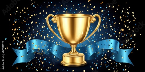 Golden trophy with blue ribbon and confetti on dark background