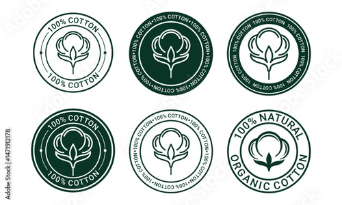 Natural organic cotton, pure cotton labels set. Hand drawn, typographic style icons or badges, stickers, signs. Isolated icon vector template