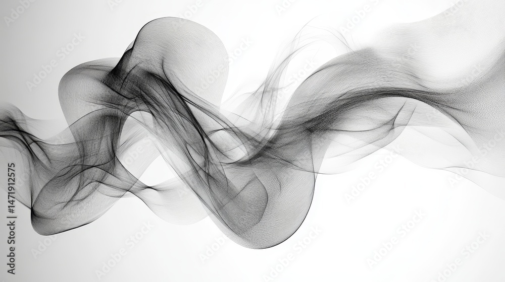 Abstract design with flowing, dark gray shapes.