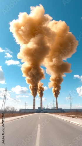Industrial smoke emissions from power plant with three smokestacks under clear sky