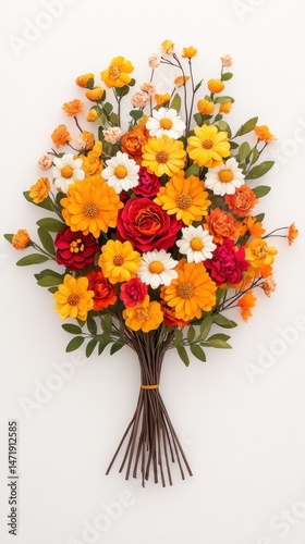 Colorful floral bouquet with orange and yellow flowers on a white background