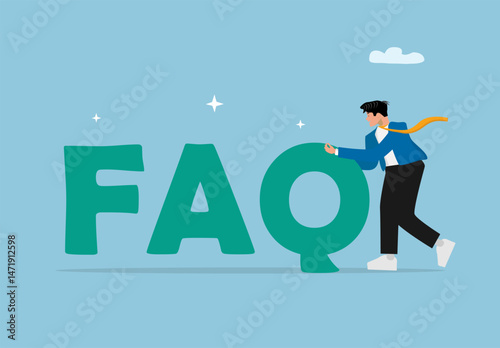 Businessman Pushing FAQ Text for Customer Support, Help Center, and Information Service Concept in Flat Vector Illustration
