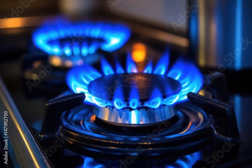 Gas stove burner with blue flame in kitchen