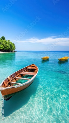 Tranquil tropical seascape with wooden boats in crystal clear water