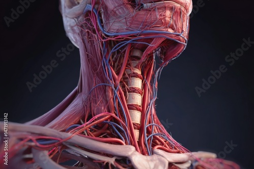 Detailed anatomical illustration of a human neck, showcasing internal structures with artistic precision.