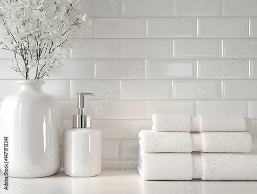 Spa Bathroom Decor  White Towels  Flowers  Soap Dispenser  Tiles