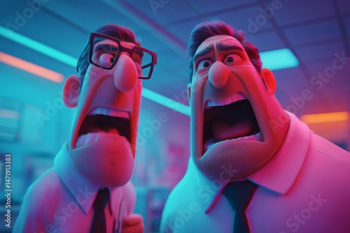 Two cartoon men react with shock, bathed in colorful neon light, illustrating strong emotion.