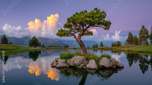 Serene Reflection of Tranquil Lake Surrounded by Pine Trees at Dusk