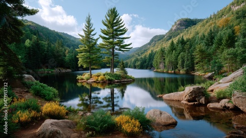Serene Landscape Featuring Calm Lake Reflecting Towering Pines and Lush Greenery