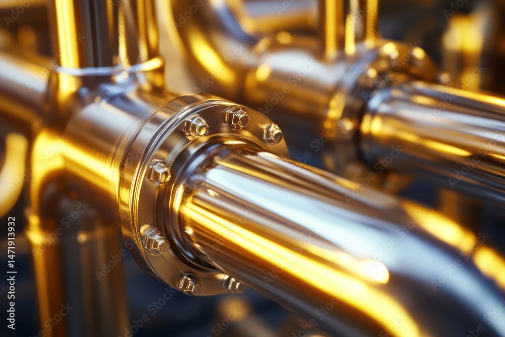 Obraz premium Shiny Metallic Industrial Pipes with Reflections