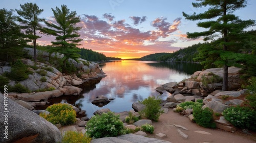 Serene Lake Scene with Towering Trees and Perfect Reflection at Twilight