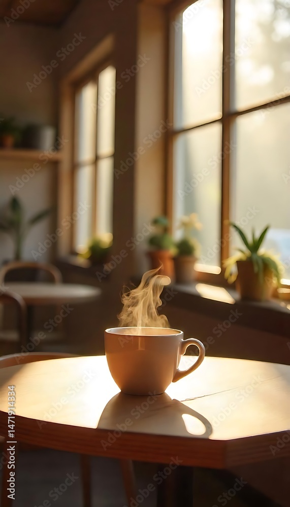 Obraz premium Generative AI A Serene Morning: Steaming Coffee Bathed in Golden Sunlight