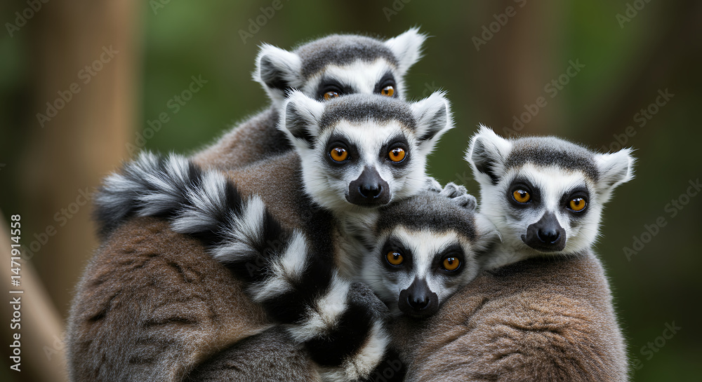 Obraz premium Lemur Love: A Cozy Huddle of Ring-Tailed Wonders - Madagascar Wildlife, Family Portrait, Primate Cuteness!