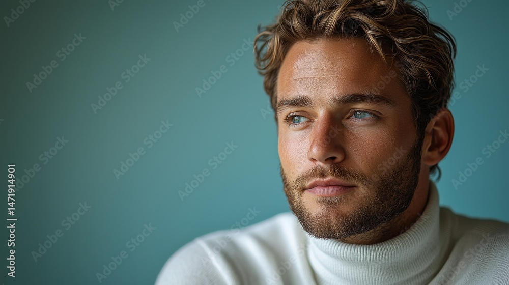 Obraz premium Thoughtful young man in white turtleneck against blue background