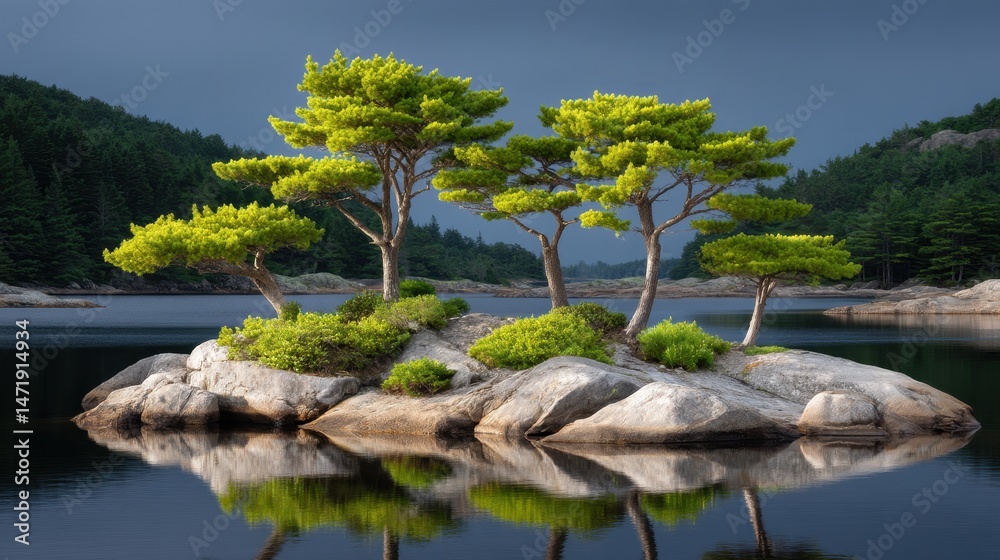 Obraz premium Tranquil Lake Scene with Reflecting Pines on a Serene Still Water Surface