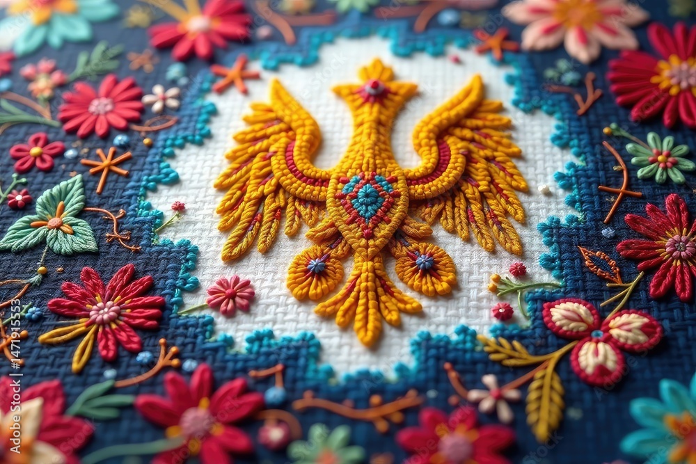 Obraz premium Close-up of vibrant Ukrainian cross-stitch depicting traditional patterns and symbols , yellow, thread