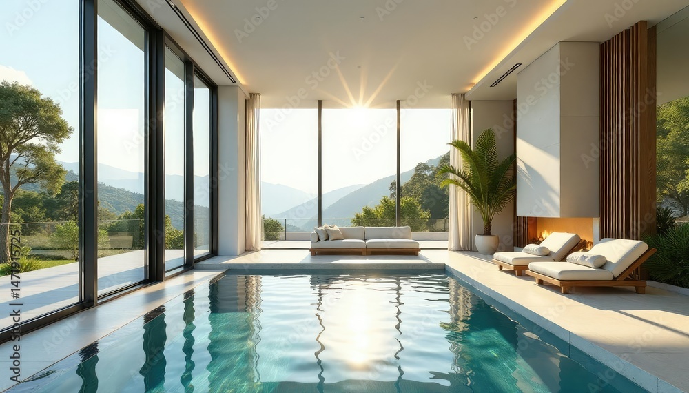 Fototapeta premium Sunlit, modern luxury home showcasing expansive windows and sleek architecture , residential architecture, clean lines, panorama