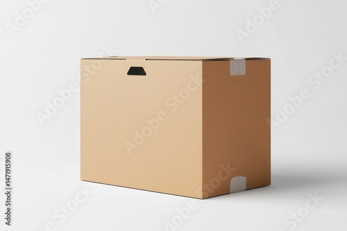 A plain, light brown cardboard box with a handle, sealed with tape, sits on a white background