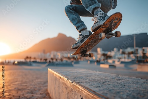 Skateboarder performing ollie on concrete ledge in city skatepark at sunset