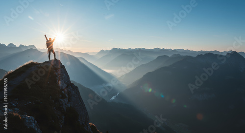 Conquering Heights: Sunrise Triumph on Mountain Peak - Adventure, Nature, and Success in the Alps