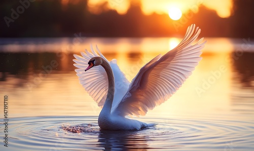 Obraz na płótnie A graceful swan spreads its wings in the beautiful sunset w salonie