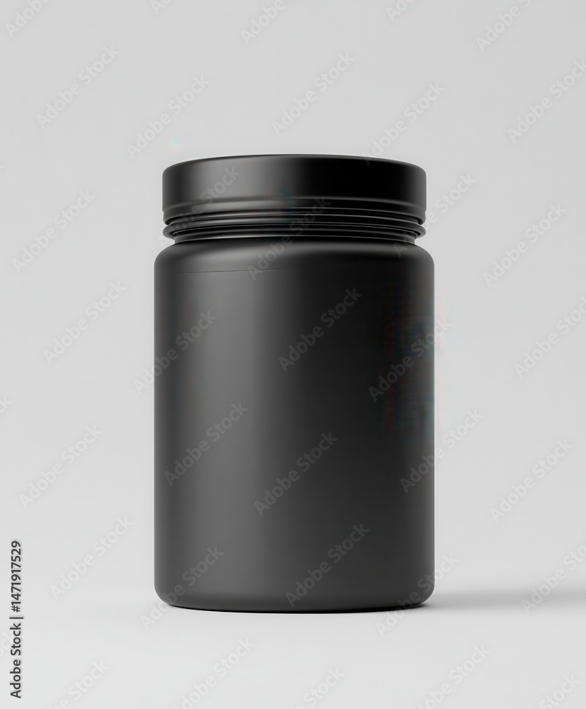 A sleek, matte black plastic jar with a simple, screw-on lid, ideal for storing powders or supplements A sleek, matte black plastic jar with a simple, screw-on lid, ideal for storing powders or supplements