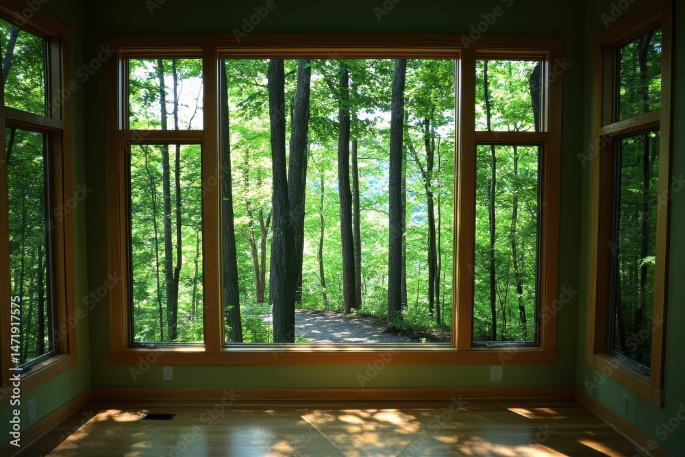 Obraz premium Panoramic View of Forest Through Large Wooden Framed Window in Empty Room with Sunlight Glare Across Wood Floor