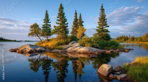 Tranquil Lake Scene with Pine Trees and Reflections Under Clear Blue Sky