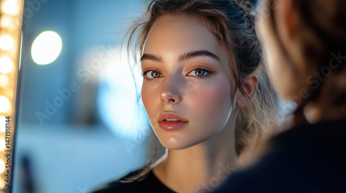 Wallpaper Mural Close-up portrait of a young woman with flawless skin and soft makeup, looking thoughtfully into the distance with a blurred city background at night Torontodigital.ca