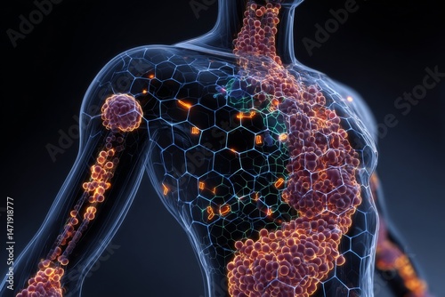 A detailed, transparent rendering of a human body showing internal cellular structures and functions.