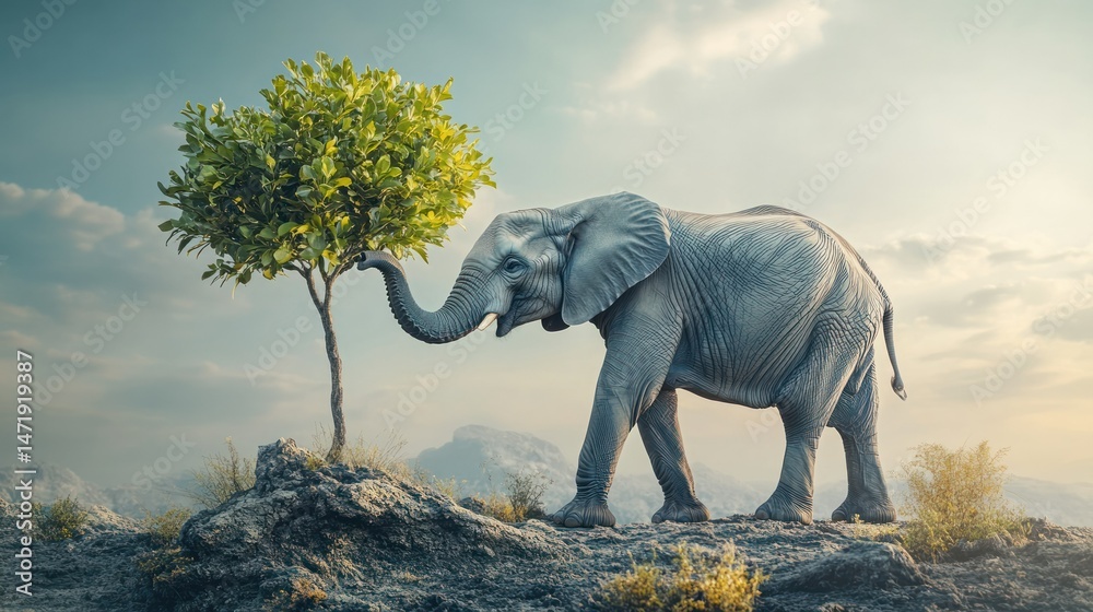 Fototapeta premium Majestic elephant gently interacting with a leafy tree in a scenic natural landscape du sunset, depicting wildlife and conservation themes in a peaceful wilderness setting