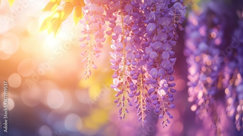 Vibrant hanging purple wisteria flowers in full bloom du golden hour with soft sunlight creating a dreamy natural background and a serene floral scene