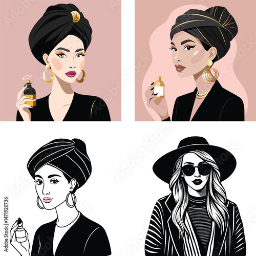 Stylish Women s Fashion Illustrations with Turbans and Hats