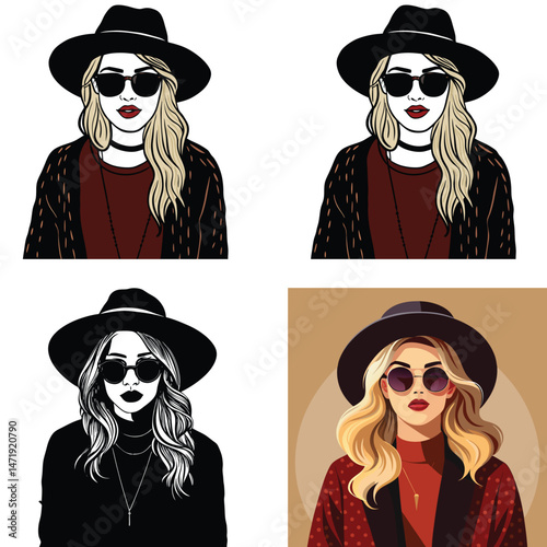 Stylish Blonde Woman in Black Hat and Sunglasses Four Variations