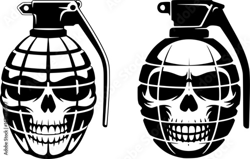 Skull Hand Grenade Vector – Grunge Graffiti Style Grenade Resembling a Human Skull,  Bold Geometric Stencil Design, Vintage Street Art Inspired, transparent background.