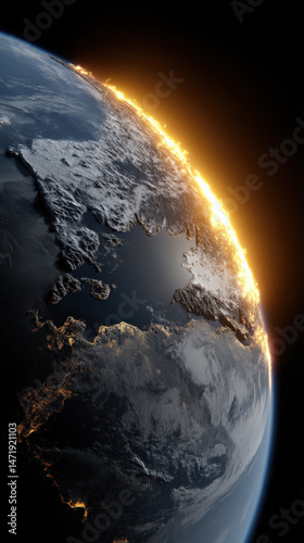 A stunning view of Earth from space showcasing the glowing atmosphere and illuminated edges, highlighting the rugged terrain and vast oceans in a cosmic landscape