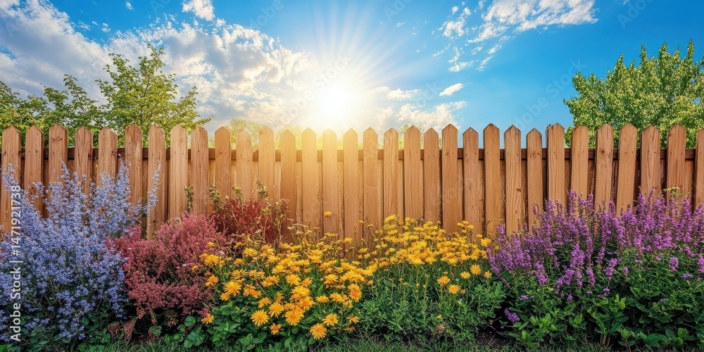 Fototapeta premium Vibrant Flower Garden Bordered by Wooden Fence Under Bright Sunny Sky with Colorful Blooms and Green Foliage Creates a Picturesque Outdoor Landscape in Spring