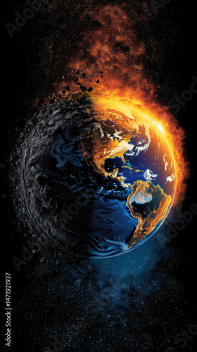 A striking representation of earth divided into two halves, one side in flames while the other remains cool and dark, symbolizing climate change and environmental contrast