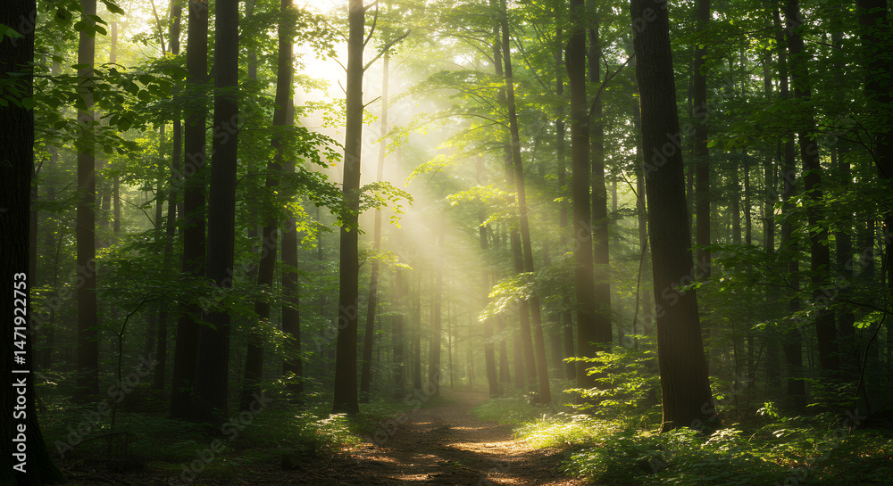 Fototapeta premium Forest Sunlight: Serene Path Through Green Woods, Nature's Glow