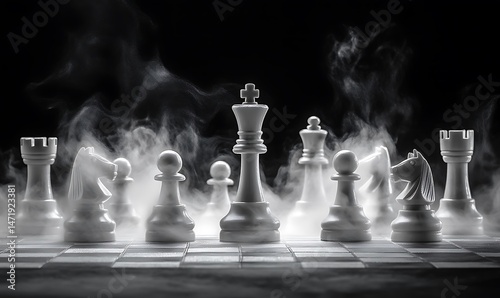 Chess Pieces on a Board Surrounded by Mystical White Smoke