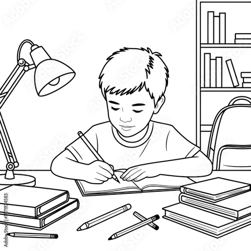A boy do the homework coloring page